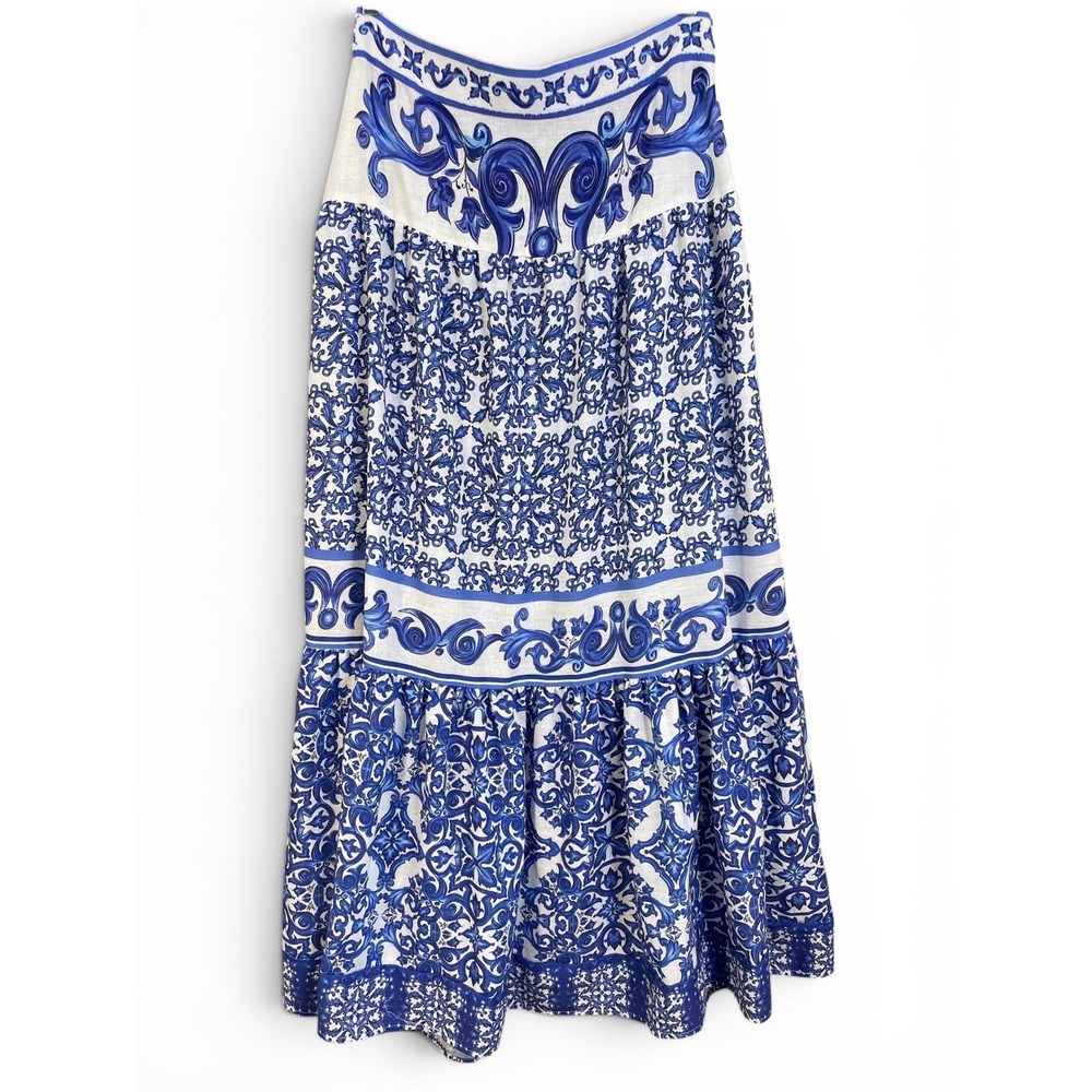BSB Collection Blue White Majolica Print Tiered Ruffle Maxi Skirt Womens 42 US 6